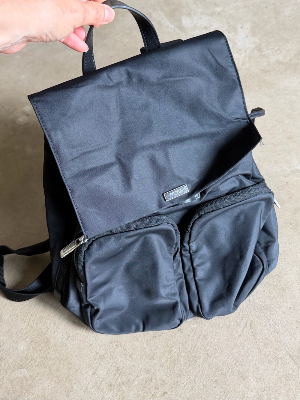 Small Tumi Black Nylon Backpack, Dual Front Pockets, Attach to Trolley Luggage